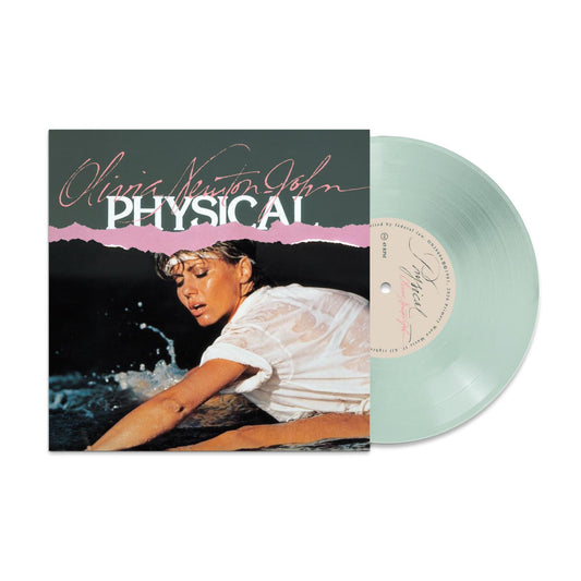 Olivia Newton-John's vinyl record album 'Physical' shown with the square cover on the left and a translucent pale mint green record partially visible on the right, against a plain white background.